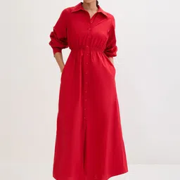 FEMMELLA Women Solid Red Slits Detail Shirt Maxi Dress-picture-33