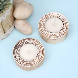 Aapno Rajasthan Cream And Brown 2 Pieces Wooden Candle Holders-image-80