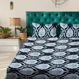 Arrabi Blue & White Floral Printed 210 TC King Bedsheet Set 2.35 m x 2.15 m image 2
