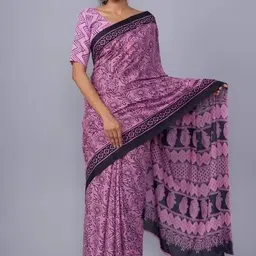TROPWEAR Ethnic Motifs Linen Blend Block Print Saree-picture-27