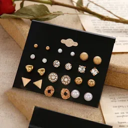 Zaphariq Set Of 12 Gold-Plated Pearls Studded Geometric Shaped Studs image 5