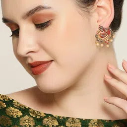 OOMPH Kundan Studded & Pearls Beaded Peacock Shaped Meenakari Drop Earrings image 4