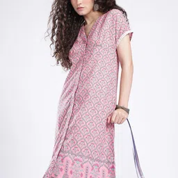 fusion by glitchez Floral Printed Embroidered V-Neck A-Line Midi Dress-image-94