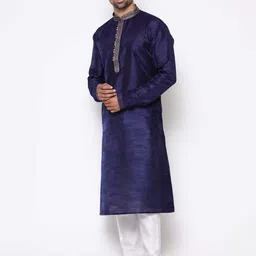 COCOI LIFESTYLE Men Navy Blue Dupion Silk Kurta with Pyjamas image 2