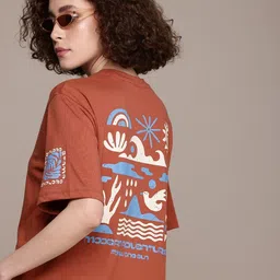 roadster Women Printed Round Neck Cotton Blend Brown T-Shirt-picture-26