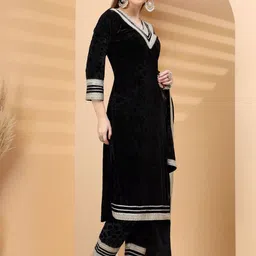 HIRA FASHION Women Regular Thread Work Velvet Kurta with Trousers & With Dupatta image 2
