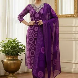 MEHARIKA Geometric Printed Thread Work Straight Kurta With Trousers & Dupatta image 3