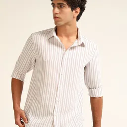 Bushirt Men Classic Fit Vertical Striped Spread Collar Casual Shirt-picture-14