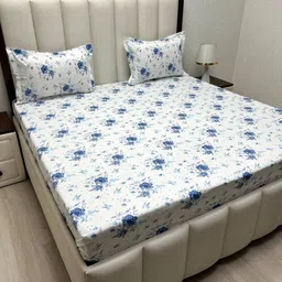 Pure Decor White & Blue Floral King Bedsheet with 2 Pillow Covers-image-25