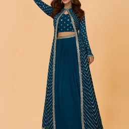 PARROT CREATION Embroidered Georgette Crop Top & Skirt With Shrug-picture-13