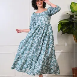 Sangria Women Floral Printed Off-Shoulder Puff Sleeve Tiered Cotton Fit & Flare Maxi Dress-image-73