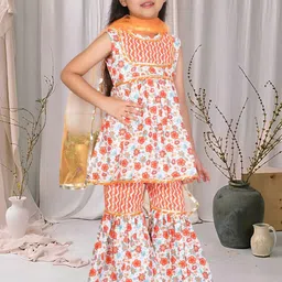 Cutiekins Girls Floral Printed Round Neck Gotta Patti A-Line Kurta With Sharara & Dupatta image 3