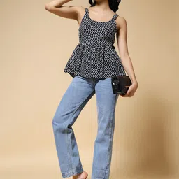 Womenster Women Zig Zag Printed Shoulder Straps Cotton Peplum Top-picture-32