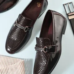 House of Pataudi Men Textured Round Toe Slip-On Formal Loafers-picture-42