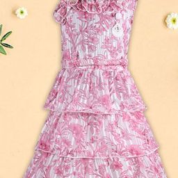 Wish Karo Girls Floral Printed One Shoulder Cold-Shoulder Chiffon Fit & Flare Dress-picture-18