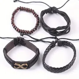 Jewelgenics Men Pack Of 4 Brown Artificial Beads Leather Wraparound Bracelets image 3