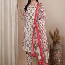FASHOR Floral Printed V-Neck Pure Cotton Straight Kurta With Trousers & Dupatta image 5