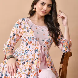 Jaipurite Ethnic Motifs Printed Mirror Work A-Line Ethnic Dress image 2