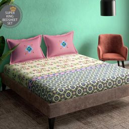 Portico Ceramica Pink & Blue Floral Cotton 164 TC Super King Bedsheet Set-2.74 m x 2.74 m-picture-47