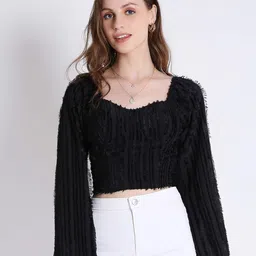 French Theory Solid Bell Sleeve Square Neck Crop Top-image-0