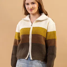 all about you Women Colourblocked Shirt Collar Ribbed Front-Open Woollen Sweater-image-83