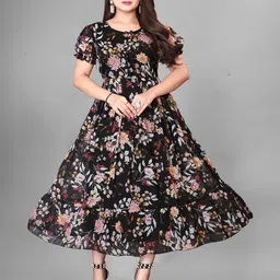QENA Women Floral Printed Puff Sleeves Georgette Fit & Flare Midi Dress-picture-41