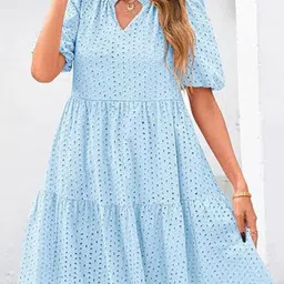 StyleCast Women Blue Schiffli Puff Sleeves Midi Dress image 1