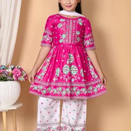 NFashion Girls Pink & White Floral Printed Pleated Kurta with Palazzos & With Dupatta-image-69