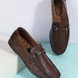 Metro Men Woven Design Slip-On Leather Loafers With Buckles-image-52