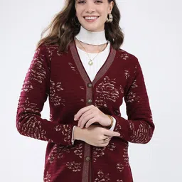 Monte Carlo Women Floral Self Design V-Neck Ribbed Cardigan Sweater-picture-37