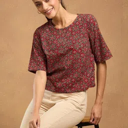 Fabindia Women Round Neck Ethnic Motifs Print Cotton Crop Top-picture-32