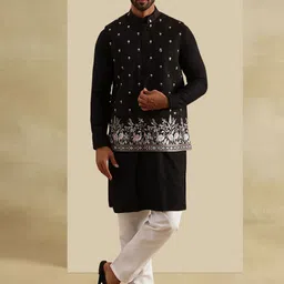 SOJANYA Men Embroidered Regular Pure Cotton Kurta And Pyjamas With Nehru Jacket-picture-13