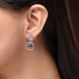 ZENEME Rhodium Plated American Diamond Studded Floral Shaped Drop Earrings image 4