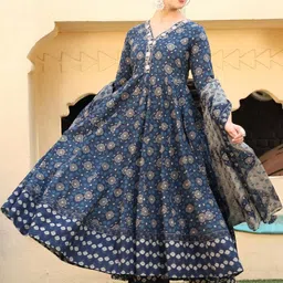 Anouk Mirage Women Ethnic Motifs Printed Panelled Thread Work Pure Cotton Kurta with Palazzos & With Dupatta image 4