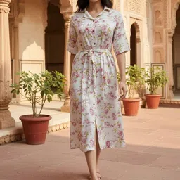 Rangita Women Floral Printed Shirt Collar Fit & Flare Midi Dress-image-5
