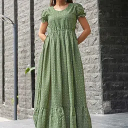 CHANSI Ethnic Motifs Printed V-Neck Puff Sleeve Fit & Flare Maxi Cotton Dress-picture-15