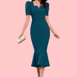 Moda Rapido Puff Sleeve Square Neck Sheath Midi Dress-picture-1