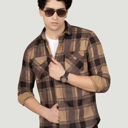 ALMATY Men Comfort Spread Collar Tartan Checked Casual Shirt-image-74