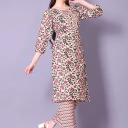 HERE&NOW Floral Printed Round Neck Straight Pure Cotton Kurta With Pyjamas image 4