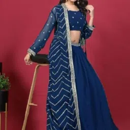 PARROT CREATION Floral Embroidered Poly Georgette Crop Top With Long Shrug & Skirt-picture-18