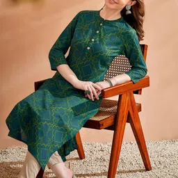 Anouk Green Ethnic Motifs Printed Mandarin Collar Cotton Regular Kurta image 1