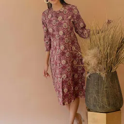 KALINI Ajrakh Printed Kantha Work Mandarin Collar Cotton A-line Kurta image 5