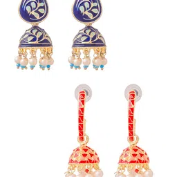 Yellow Chimes Set Of 2 Gold-Plated Dome Shaped Meenakari Jhumkas Earrings image 2