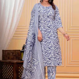 Tvyozs Floral Printed Round Neck Pure Cotton Kurta With Trousers & Dupatta image 4