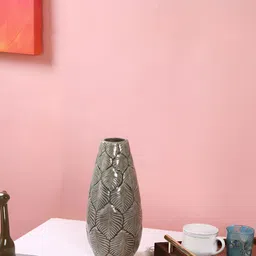 TAYHAA Grey Leaf Carved Concrete Textured Ceramic Flower Vase image 3