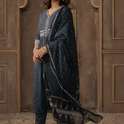 Indo Era Women Ethnic Motifs Embroidered Cotton A-Line Kurta with Trousers & Dupatta image 3