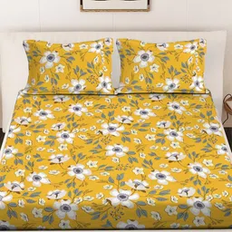 FABINALIV Yellow & White Floral 300 TC King Bedsheet with 2 Pillow Covers image 3