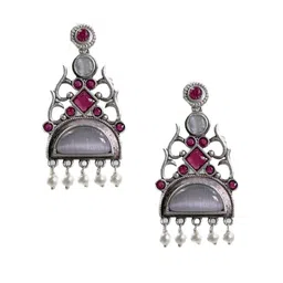 NAMAN ARTS Silver-Plated Artificial Stones Studded Geometric Drop Earrings image 2
