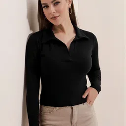 Dream Beauty Fashion Women Ribbed Shirt Collar Long Sleeves Fitted Top-picture-39