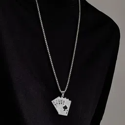Krelin Men Silver-Plated Rhinestones Studded Hip-Hop Playing Card Poker Pendant With Chain image 2